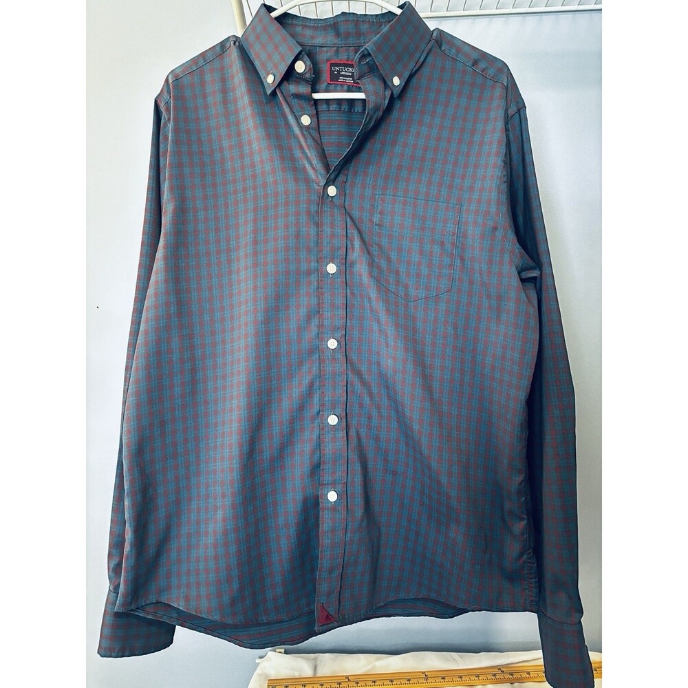 UNTUCKit Gargano Men's Med Blue Red Checkered Long Sleeve Shirt 2002 FA2